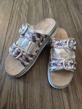Grunland Double-Buckle Slide Sandals in Purple & Silver